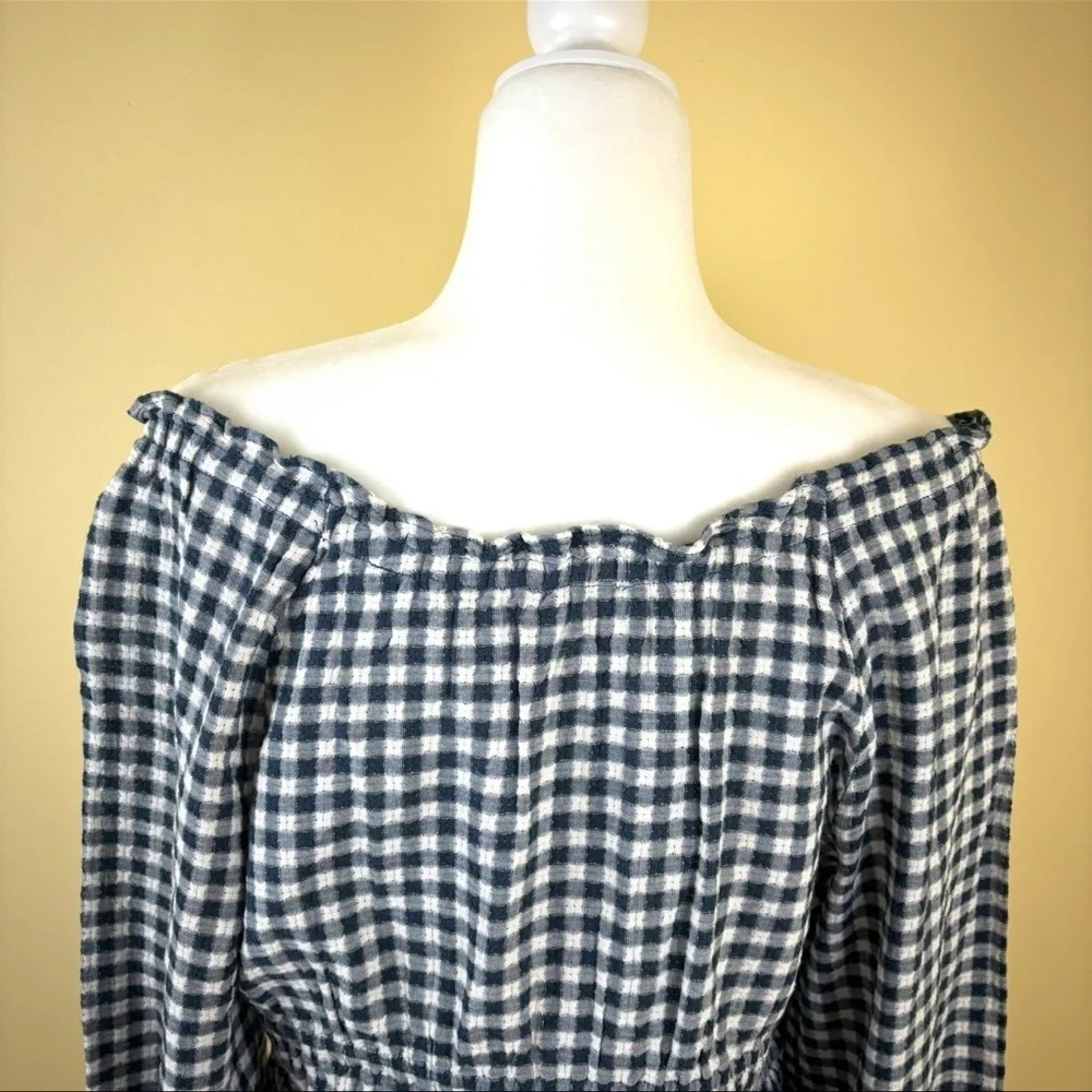 Madewell Black and White Gingham Smocked Peplum Blouse